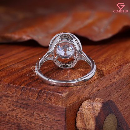 Round Moissanite Floating Oval Halo Engagement Ring in 14K Gold
