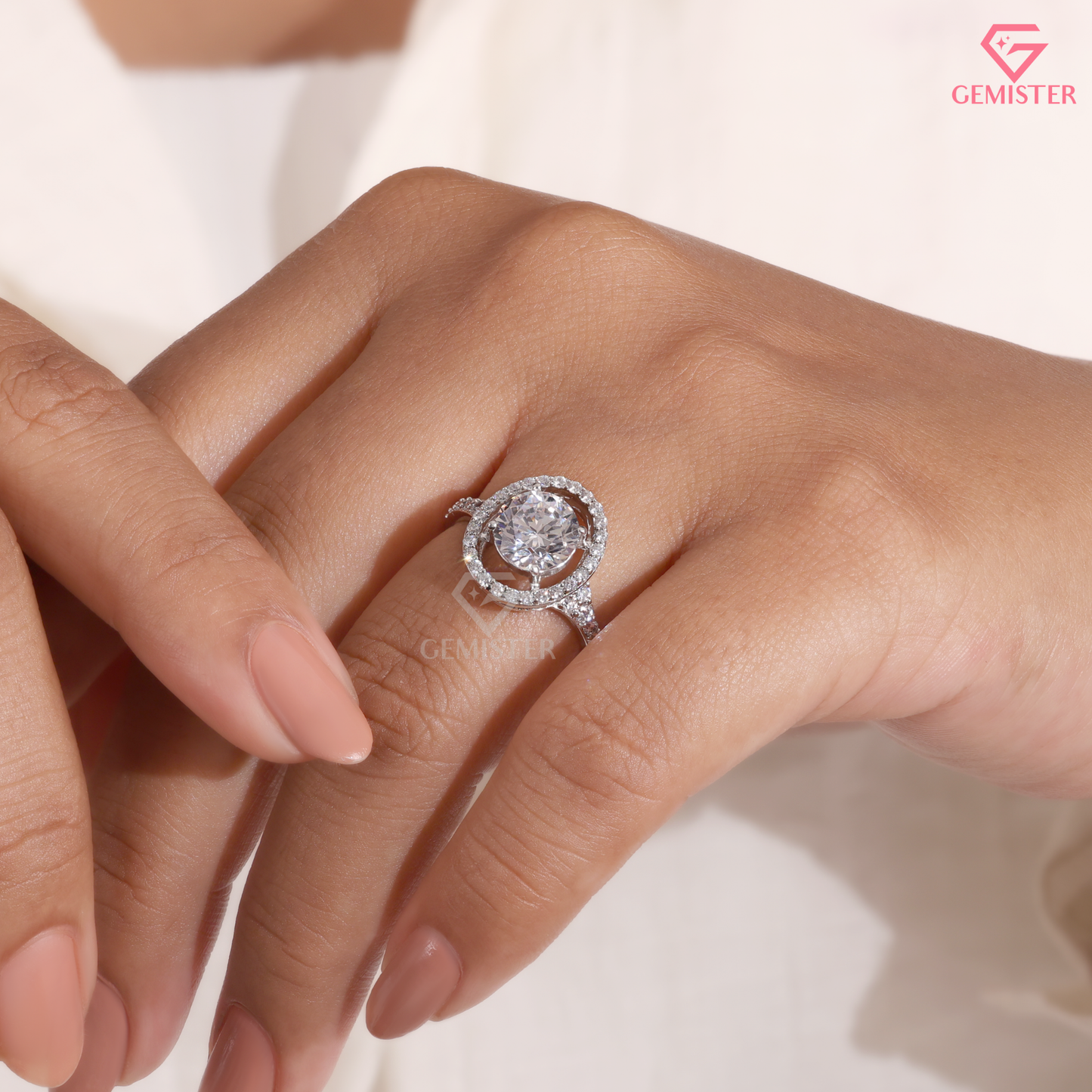 Round Moissanite Floating Oval Halo Engagement Ring in 14K Gold