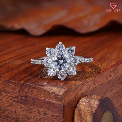 Round Moissanite Sunflower Floral Cluster Engagement Ring 14K Gold
