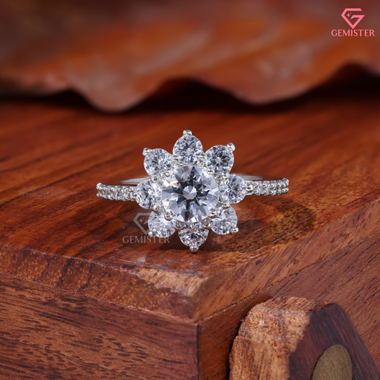 Round Moissanite Sunflower Floral Cluster Engagement Ring 14K Gold