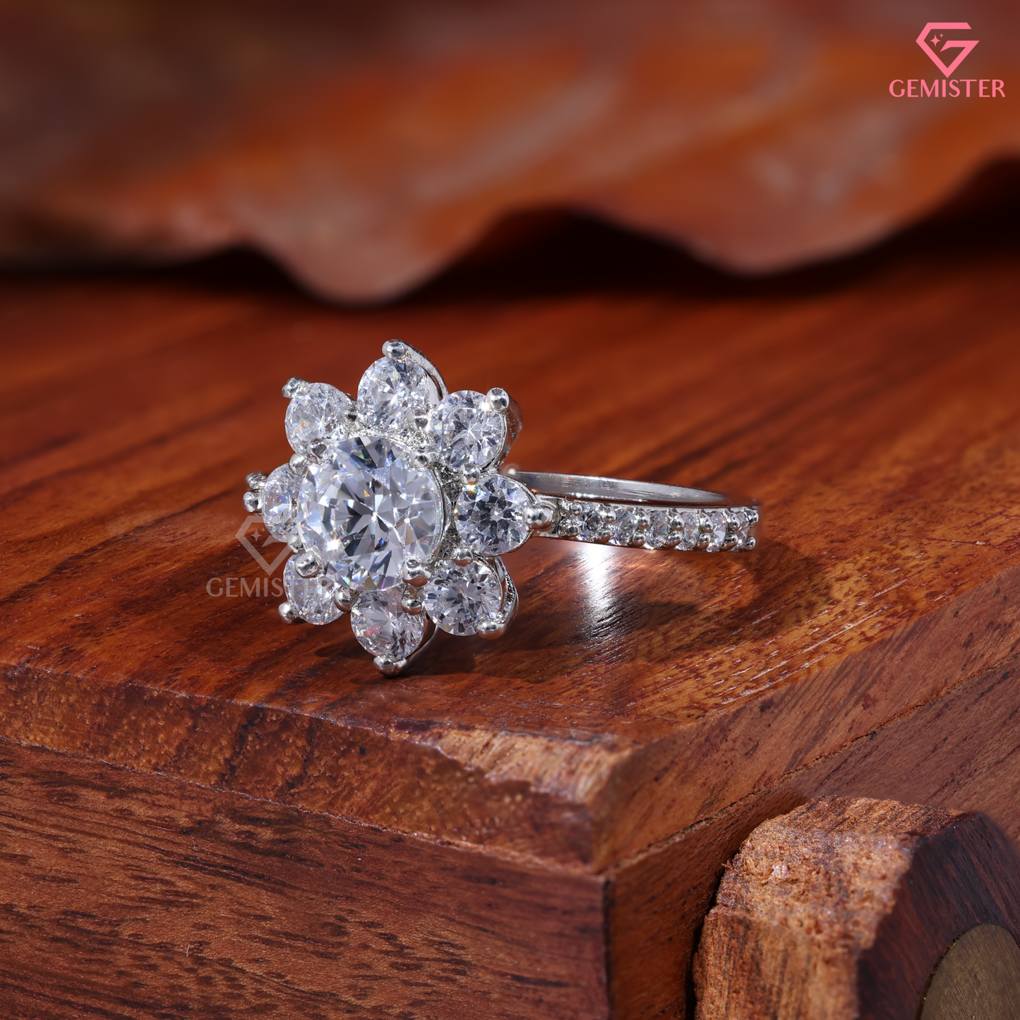 Round Moissanite Sunflower Floral Cluster Engagement Ring 14K Gold