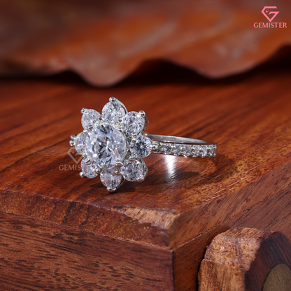 Round Moissanite Sunflower Floral Cluster Engagement Ring 14K Gold
