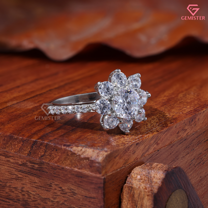 Round Moissanite Sunflower Floral Cluster Engagement Ring 14K Gold