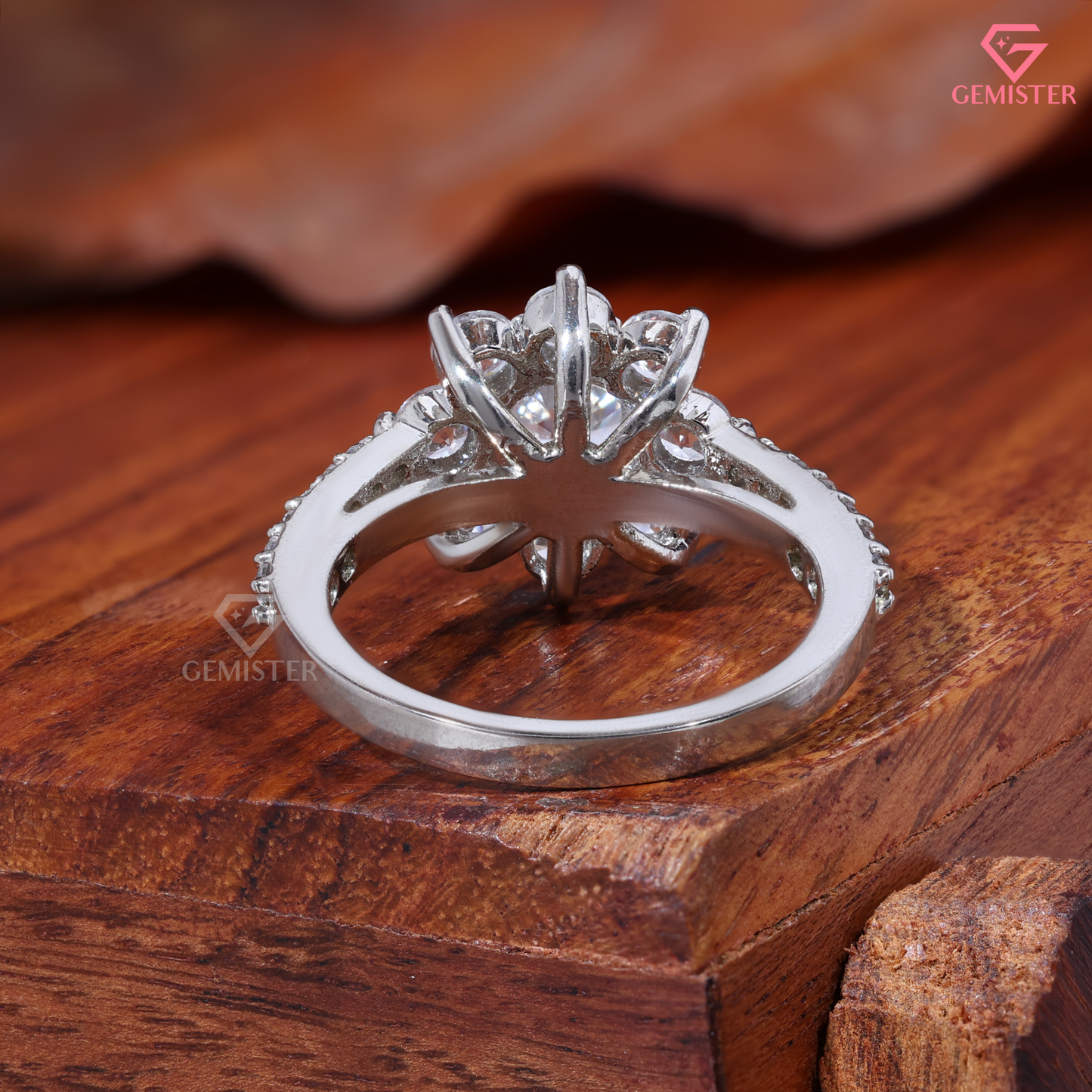 Round Moissanite Sunflower Floral Cluster Engagement Ring 14K Gold