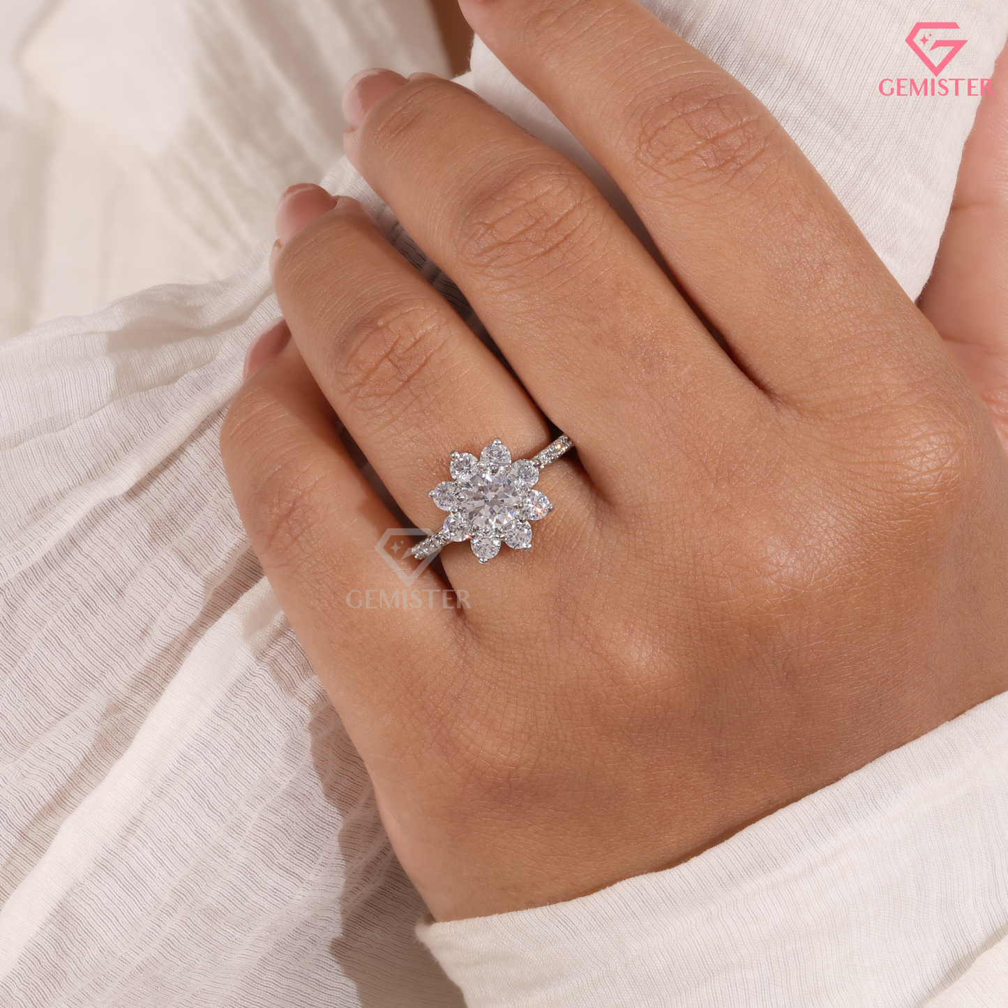 Round Moissanite Sunflower Floral Cluster Engagement Ring 14K Gold