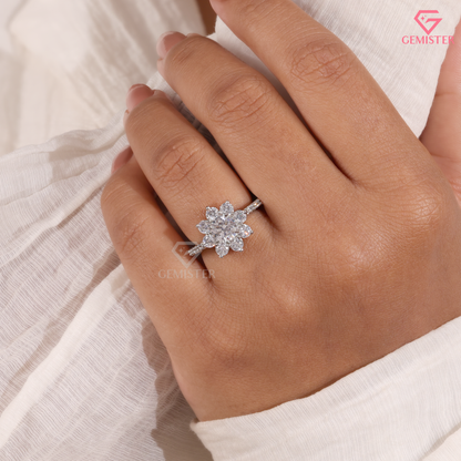Round Moissanite Sunflower Floral Cluster Engagement Ring 14K Gold