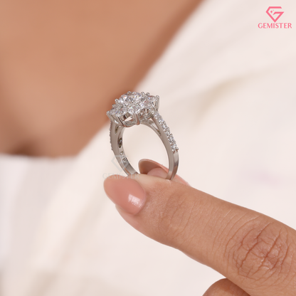 Round Moissanite Sunflower Floral Cluster Engagement Ring 14K Gold