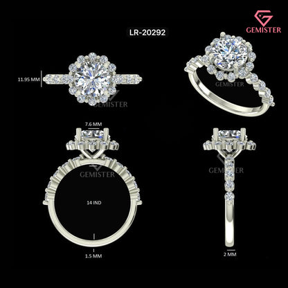 Vintage Floral Halo Engagement Ring with Round Brilliant Center & Bubble Accent Band - Lab Created Diamond in 14K White Gold