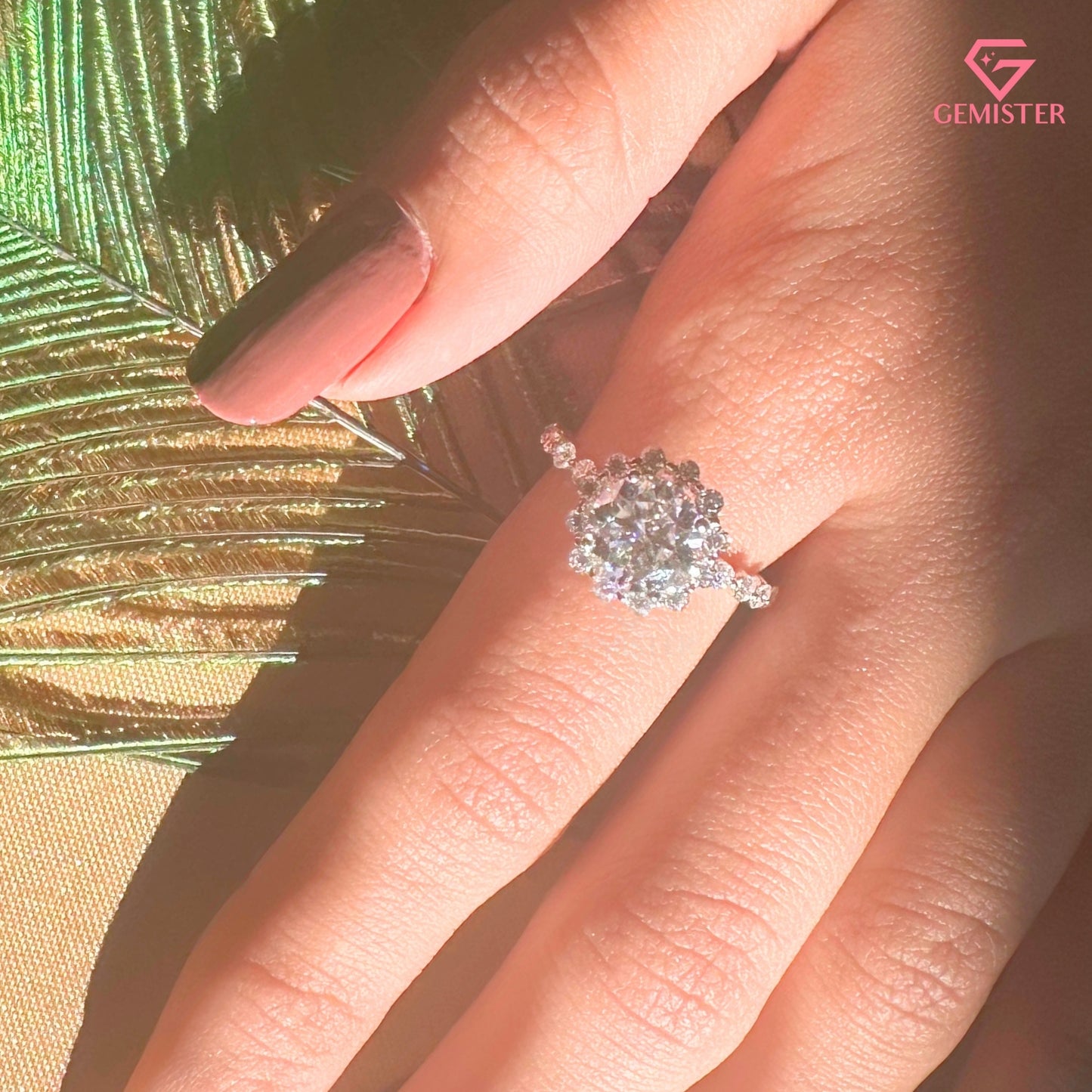 Floral Halo Moissanite Engagement Ring, Round Moissanite Pave Promise Ring for Women