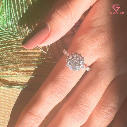 Floral Halo Moissanite Engagement Ring, Round Moissanite Pave Promise Ring for Women
