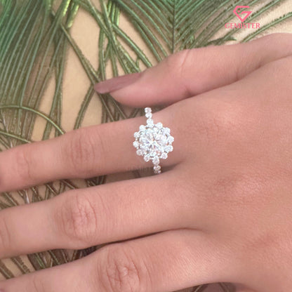 Floral Halo Moissanite Engagement Ring, Round Moissanite Pave Promise Ring for Women