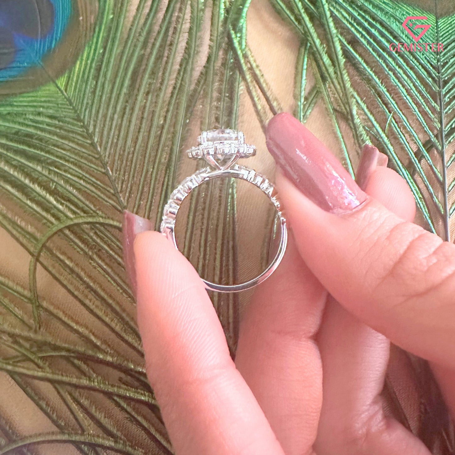 Floral Halo Moissanite Engagement Ring, Round Moissanite Pave Promise Ring for Women
