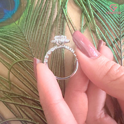 Floral Halo Moissanite Engagement Ring, Round Moissanite Pave Promise Ring for Women