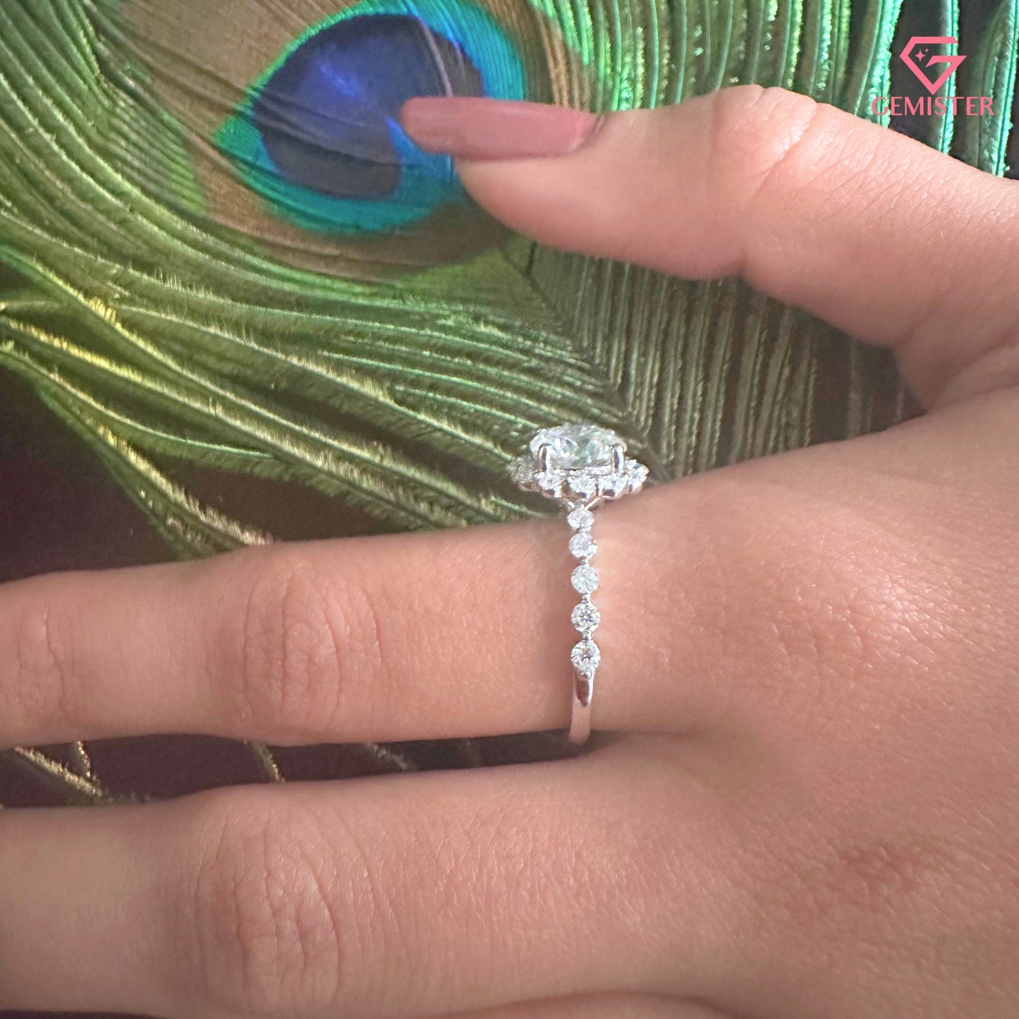 Floral Halo Moissanite Engagement Ring, Round Moissanite Pave Promise Ring for Women