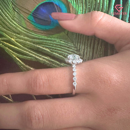 Floral Halo Moissanite Engagement Ring, Round Moissanite Pave Promise Ring for Women