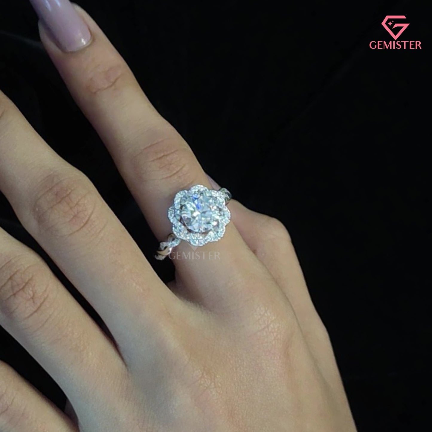 Round Cut Moissanite Floral Halo Infinity Engagement Ring | Curved Diamond Cluster Band