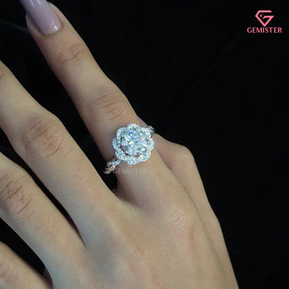 Round Cut Moissanite Floral Halo Infinity Engagement Ring | Curved Diamond Cluster Band