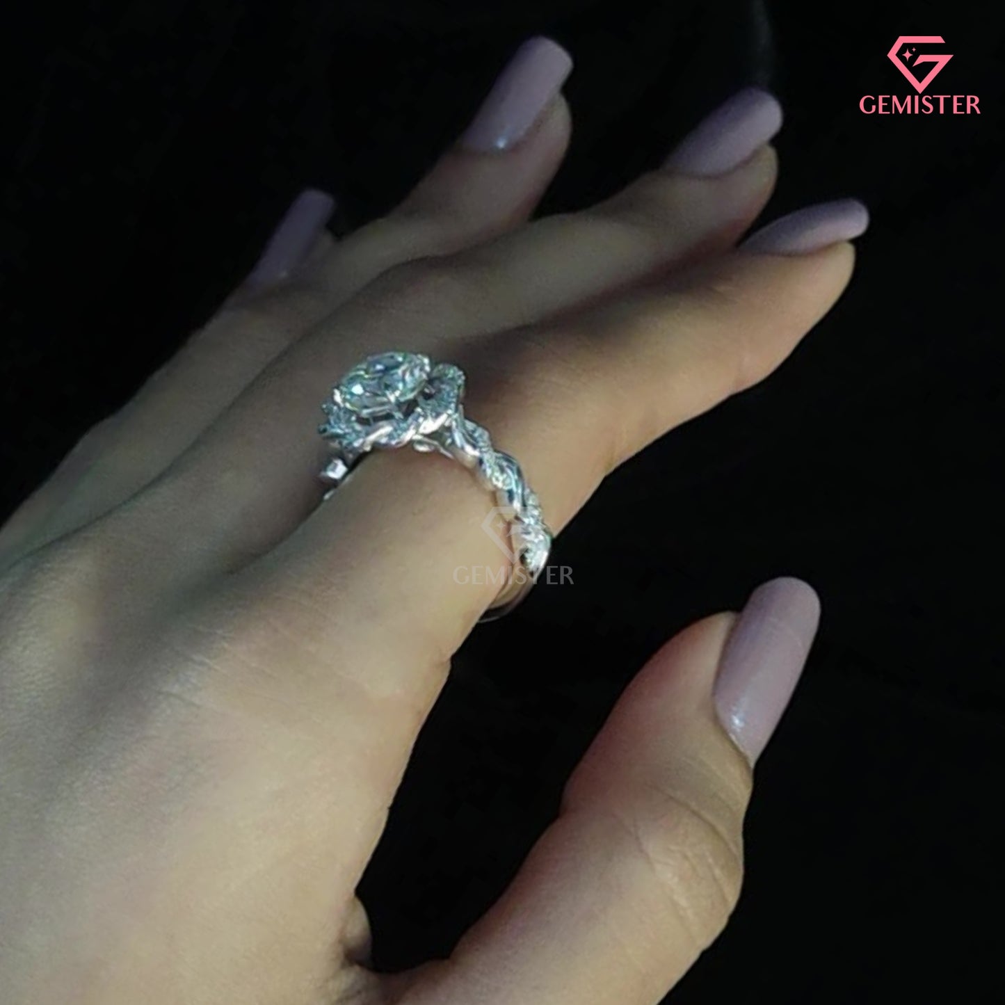 Round Cut Moissanite Floral Halo Infinity Engagement Ring | Curved Diamond Cluster Band