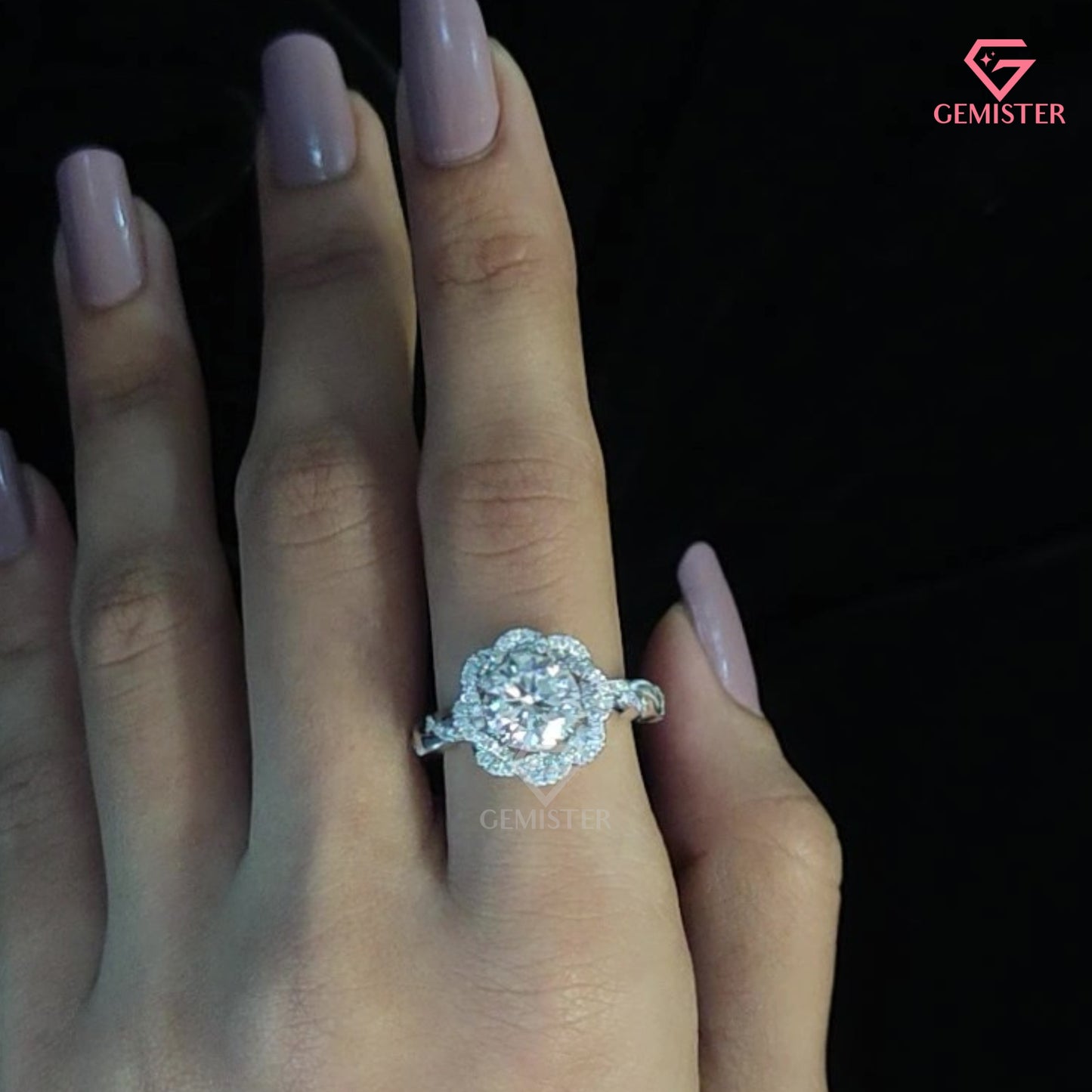 Round Cut Moissanite Floral Halo Infinity Engagement Ring | Curved Diamond Cluster Band