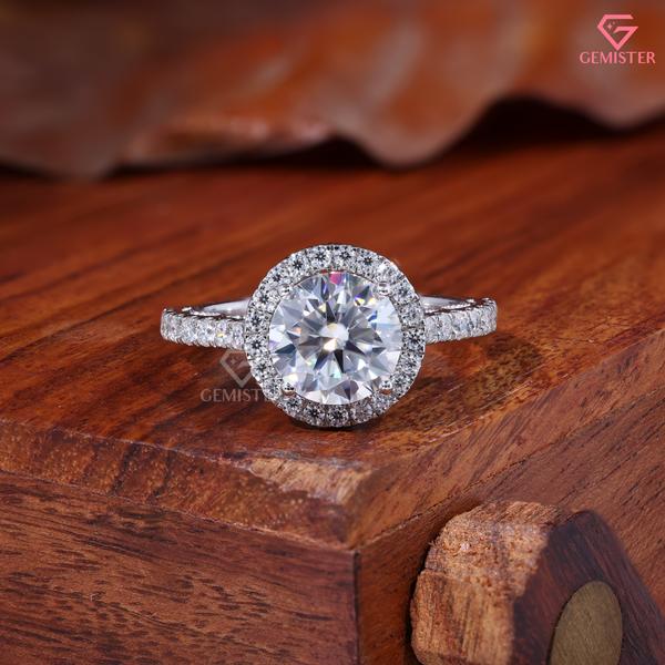 Round Cut Lab Grown Diamond Halo Engagement Ring in 14K Gold