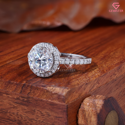 Round Cut Lab Grown Diamond Halo Engagement Ring in 14K Gold