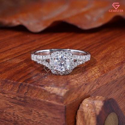 Round Moissanite Cushion Halo Split Shank Engagement Ring 14K Gold