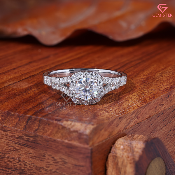 Round Moissanite Cushion Halo Split Shank Engagement Ring 14K Gold