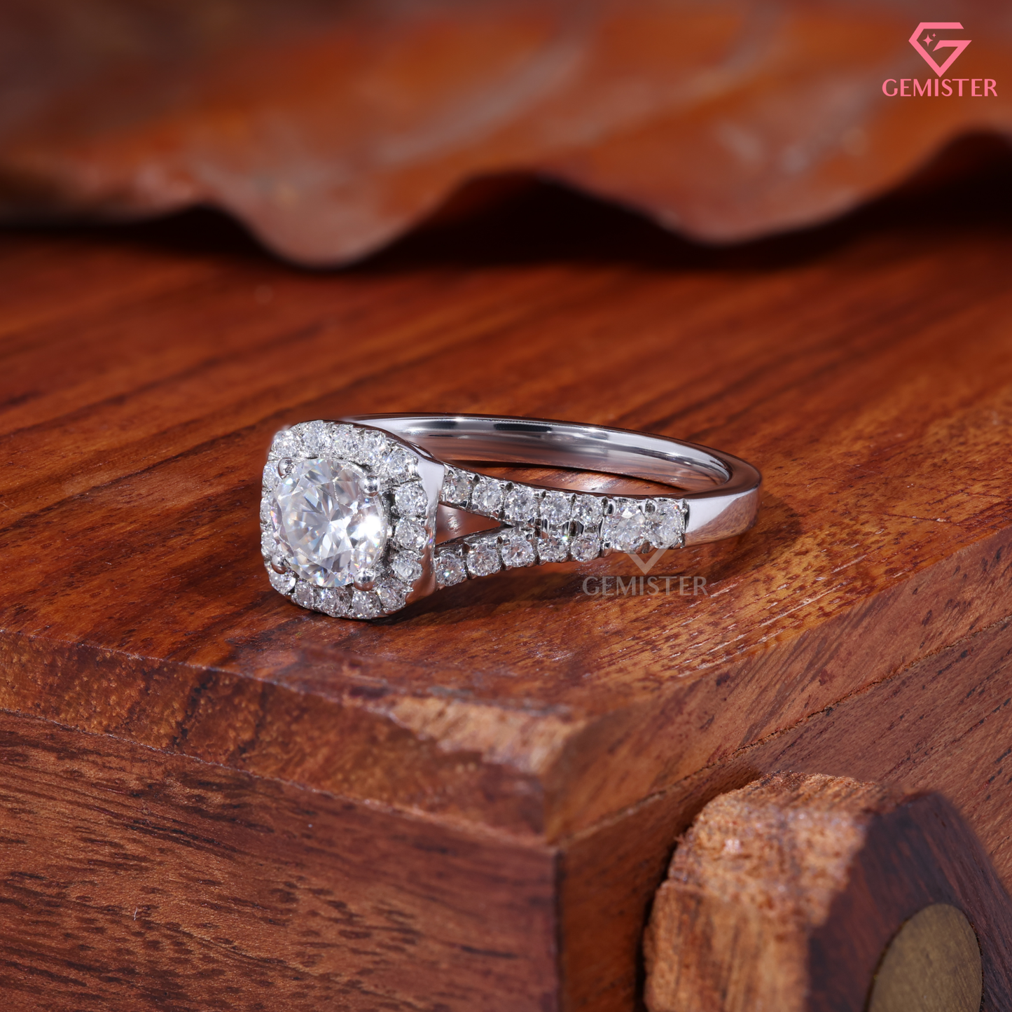 Round Moissanite Cushion Halo Split Shank Engagement Ring 14K Gold