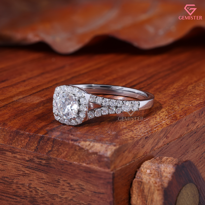 Round Moissanite Cushion Halo Split Shank Engagement Ring 14K Gold