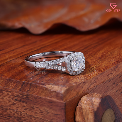 Round Moissanite Cushion Halo Split Shank Engagement Ring 14K Gold