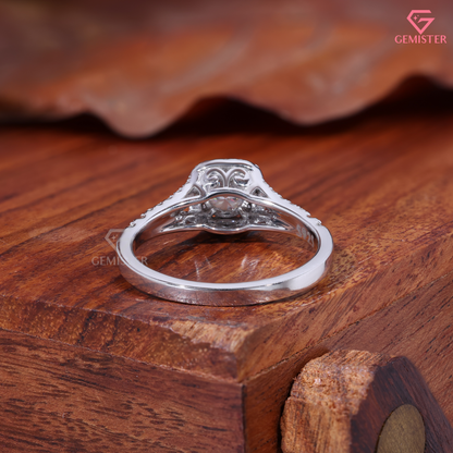 Round Moissanite Cushion Halo Split Shank Engagement Ring 14K Gold