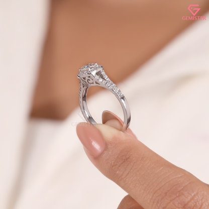 Round Moissanite Cushion Halo Split Shank Engagement Ring 14K Gold