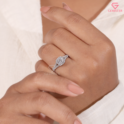 Round Moissanite Cushion Halo Split Shank Engagement Ring 14K Gold