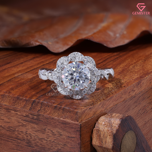 Round Moissanite Intertwined Flower Halo Engagement Ring 10K White Gold