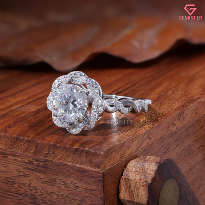 Round Moissanite Intertwined Flower Halo Engagement Ring 10K White Gold