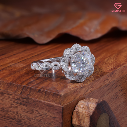Round Moissanite Intertwined Flower Halo Engagement Ring 10K White Gold