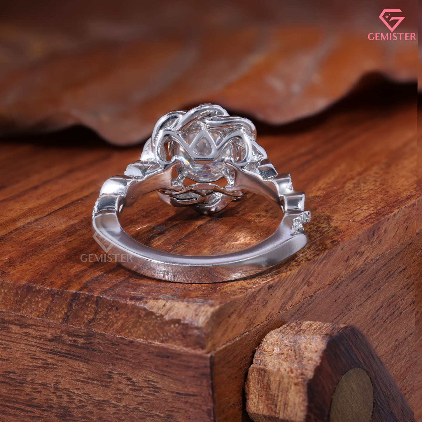 Round Moissanite Intertwined Flower Halo Engagement Ring 10K White Gold