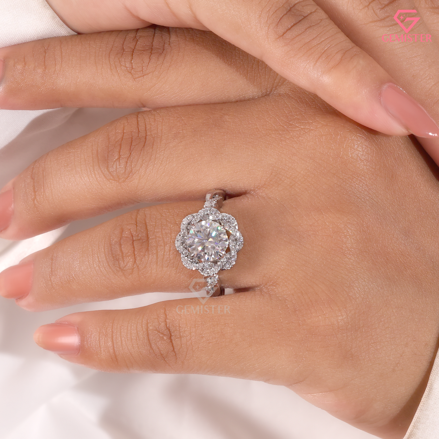 Round Moissanite Intertwined Flower Halo Engagement Ring 10K White Gold