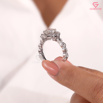 Round Moissanite Intertwined Flower Halo Engagement Ring 10K White Gold