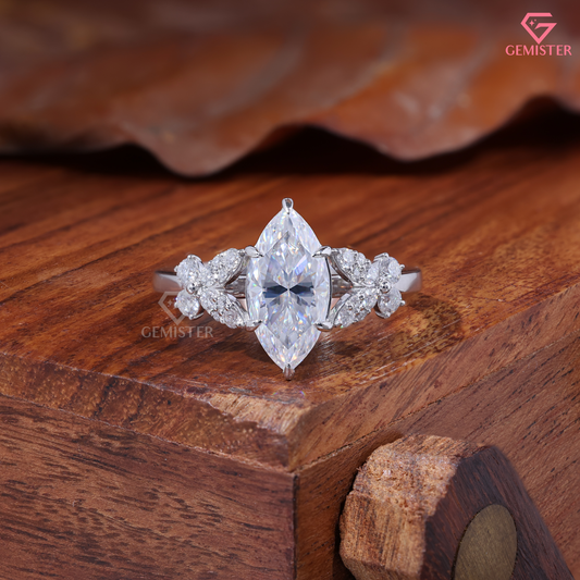 Marquise Moissanite Vintage Floral Cluster Engagement Ring 14K Gold