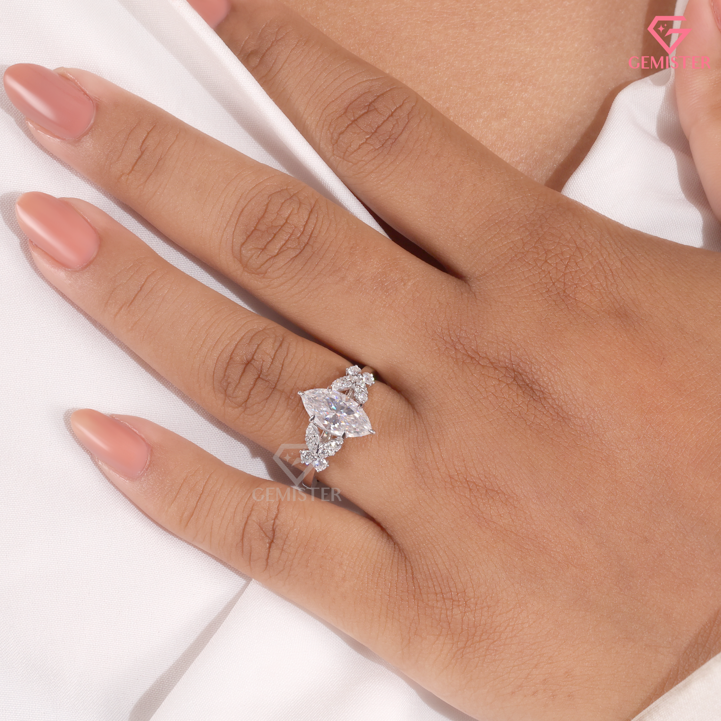 Marquise Moissanite Vintage Floral Cluster Engagement Ring 14K Gold