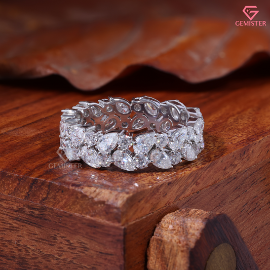 Multi Shape Pear Round Moissanite Cluster Eternity Band 14K Gold