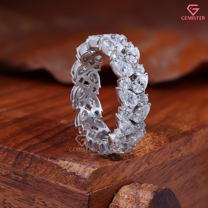 Multi Shape Pear Round Moissanite Cluster Eternity Band 14K Gold