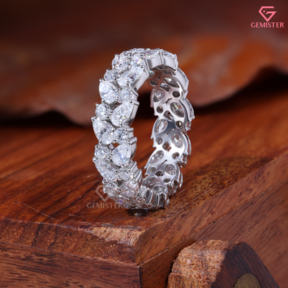 Multi Shape Pear Round Moissanite Cluster Eternity Band 14K Gold