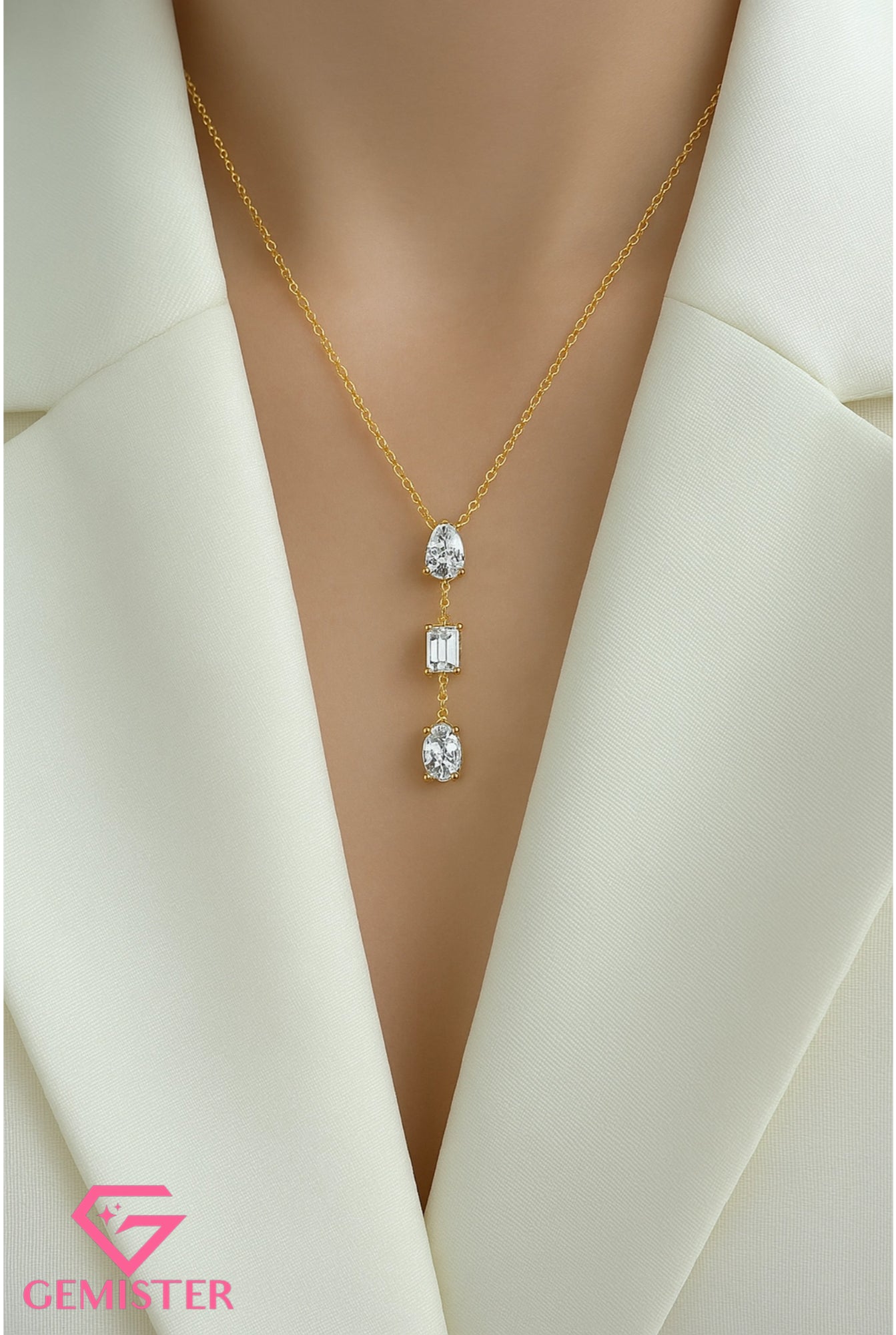 1.54 CT Three Stone Moissanite Drop Necklace – Pear, Emerald & Oval Cut Pendant