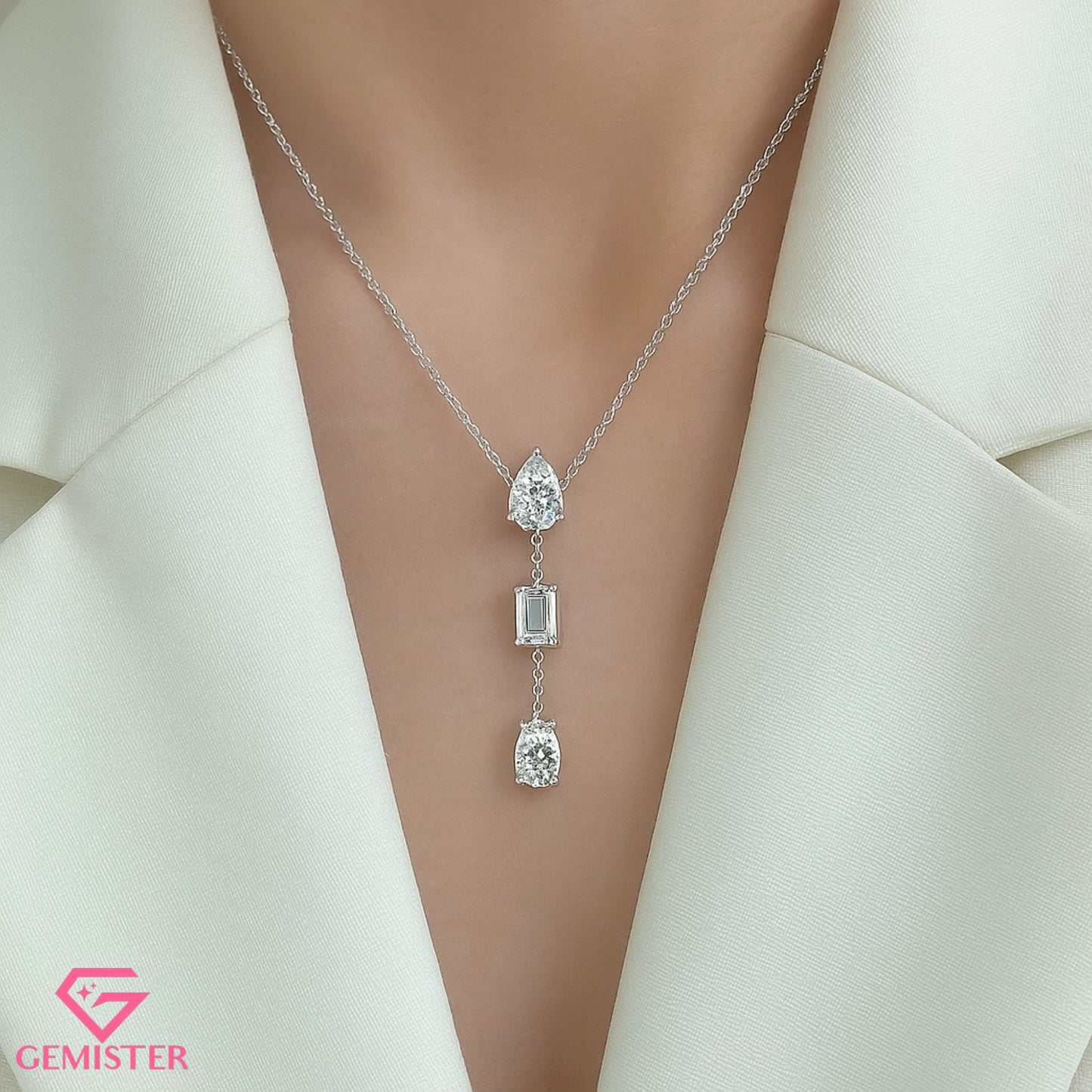 1.54 CT Three Stone Moissanite Drop Necklace – Pear, Emerald & Oval Cut Pendant