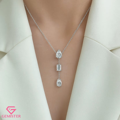 1.54 CT Three Stone Moissanite Drop Necklace – Pear, Emerald & Oval Cut Pendant