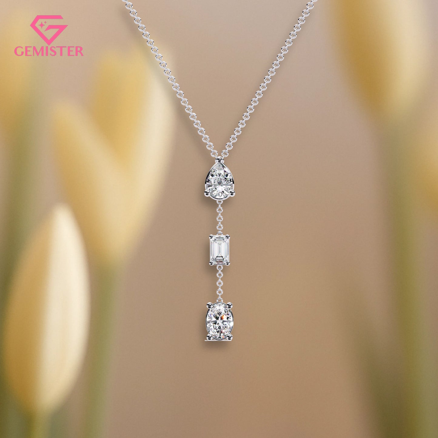 1.54 CT Three Stone Moissanite Drop Necklace – Pear, Emerald & Oval Cut Pendant