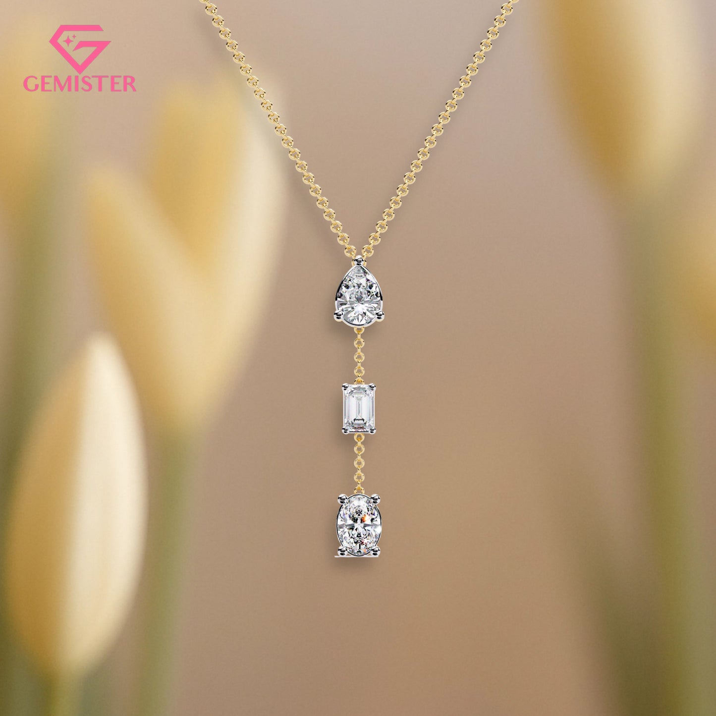 1.54 CT Three Stone Moissanite Drop Necklace – Pear, Emerald & Oval Cut Pendant