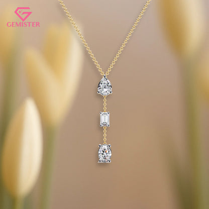 1.54 CT Three Stone Moissanite Drop Necklace – Pear, Emerald & Oval Cut Pendant